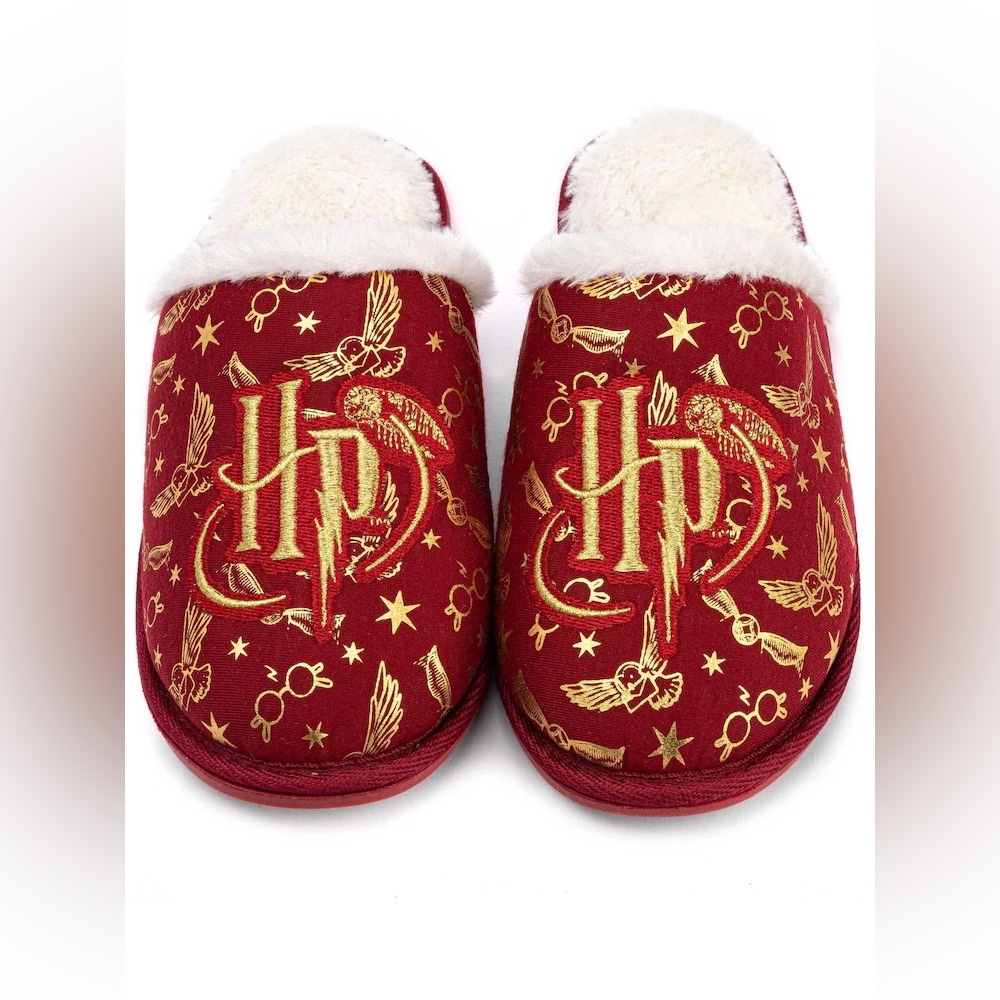 Harry Potter Burgundy Slip-On Fuzzy Slippers with Gold Embroidered Detail